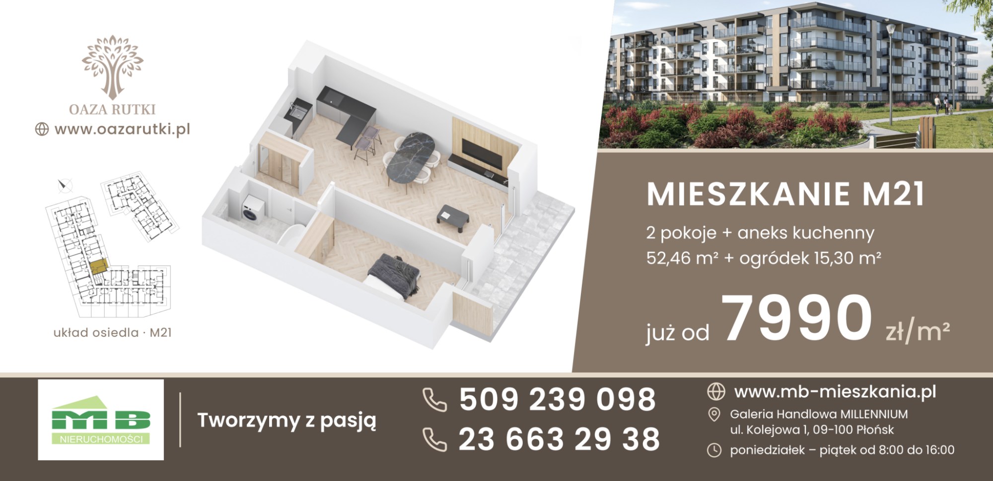 Mieszkanie M21 w Oazie Rutki – 2 pokoje z aneksem, 52,46 m² z ogródkiem 15,30 m², już od 7990 zł/m²